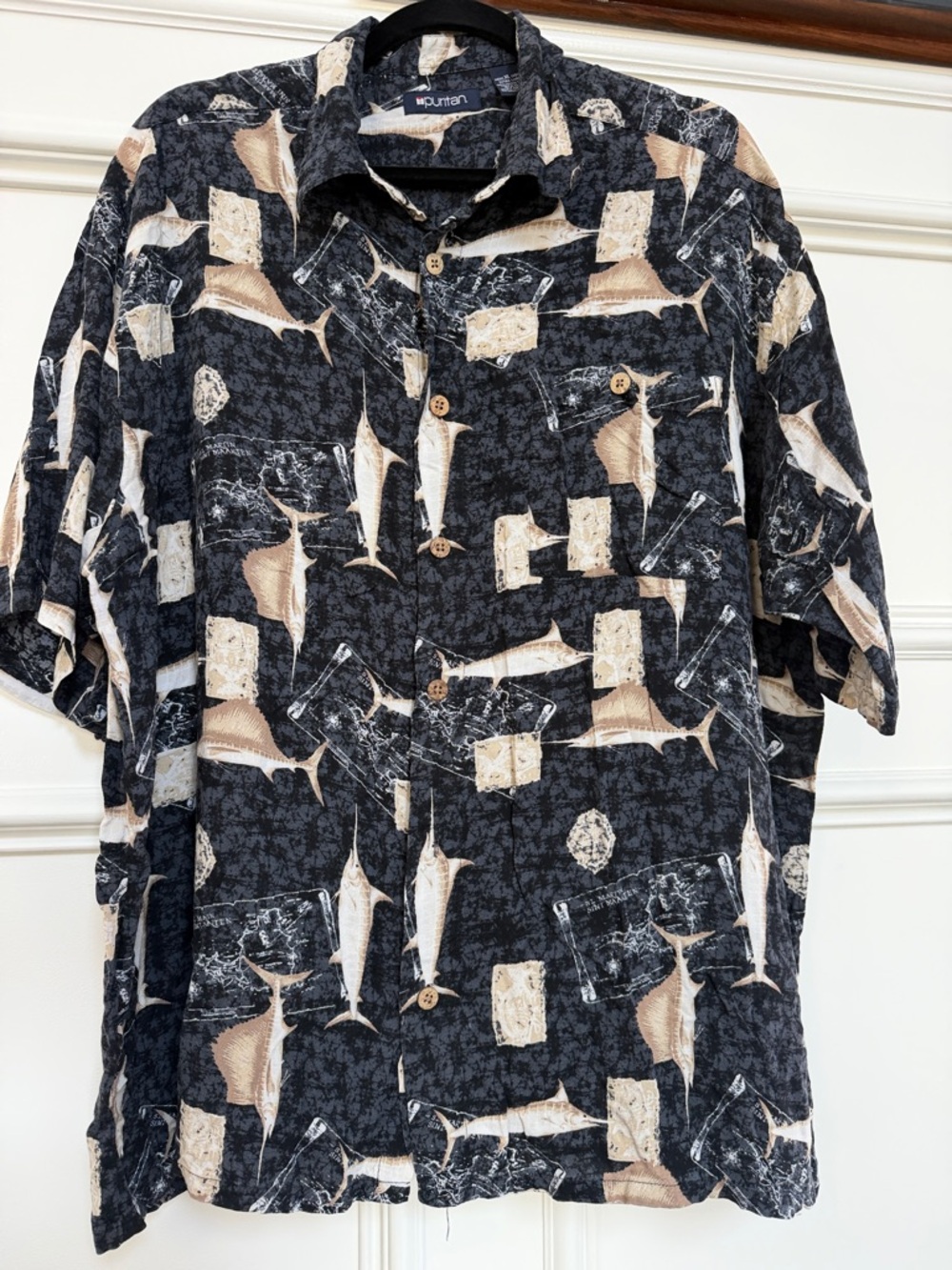 Puritan Black Short-Sleeve Button-Down Shirt with Tan Print
